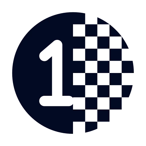 The oncequinox logo: Equinox's, a navy circle solid on the left and a checkerboard on the right, with a big 1 cut out of its solid half.